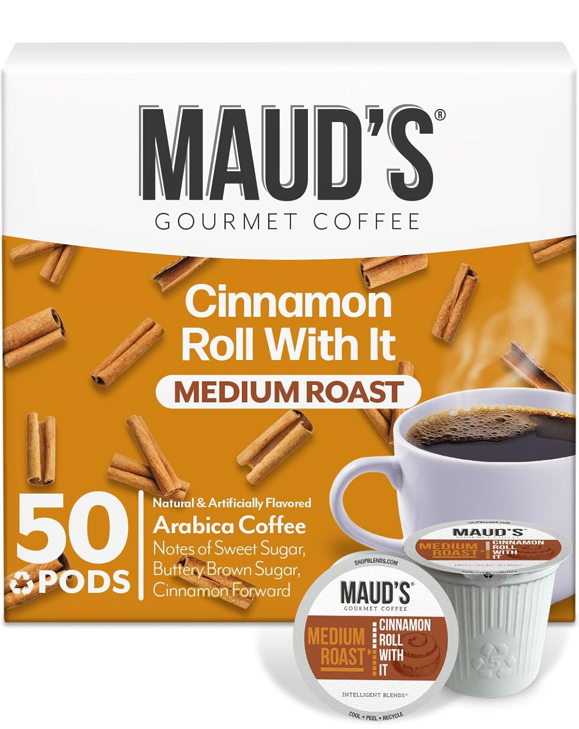Maud's Cinnamon Roll Flavored Coffee Pods, 50 ct, Medium Roast Flavored Coffee in Recyclable Single Serve Pods – 100% Arabica Beans, Compatible with Keurig K Cups Maker