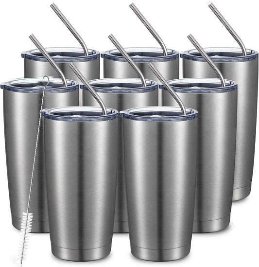 COMOOO 20oz Stainless Steel Tumbler Bulk Double Wall Vacuum Coffee Cup Insulated Travel Mug with Lid and Straw Durable Powder Coated Insulated Coffee Cup for Cold & Hot Drinks (silver, 8 pack