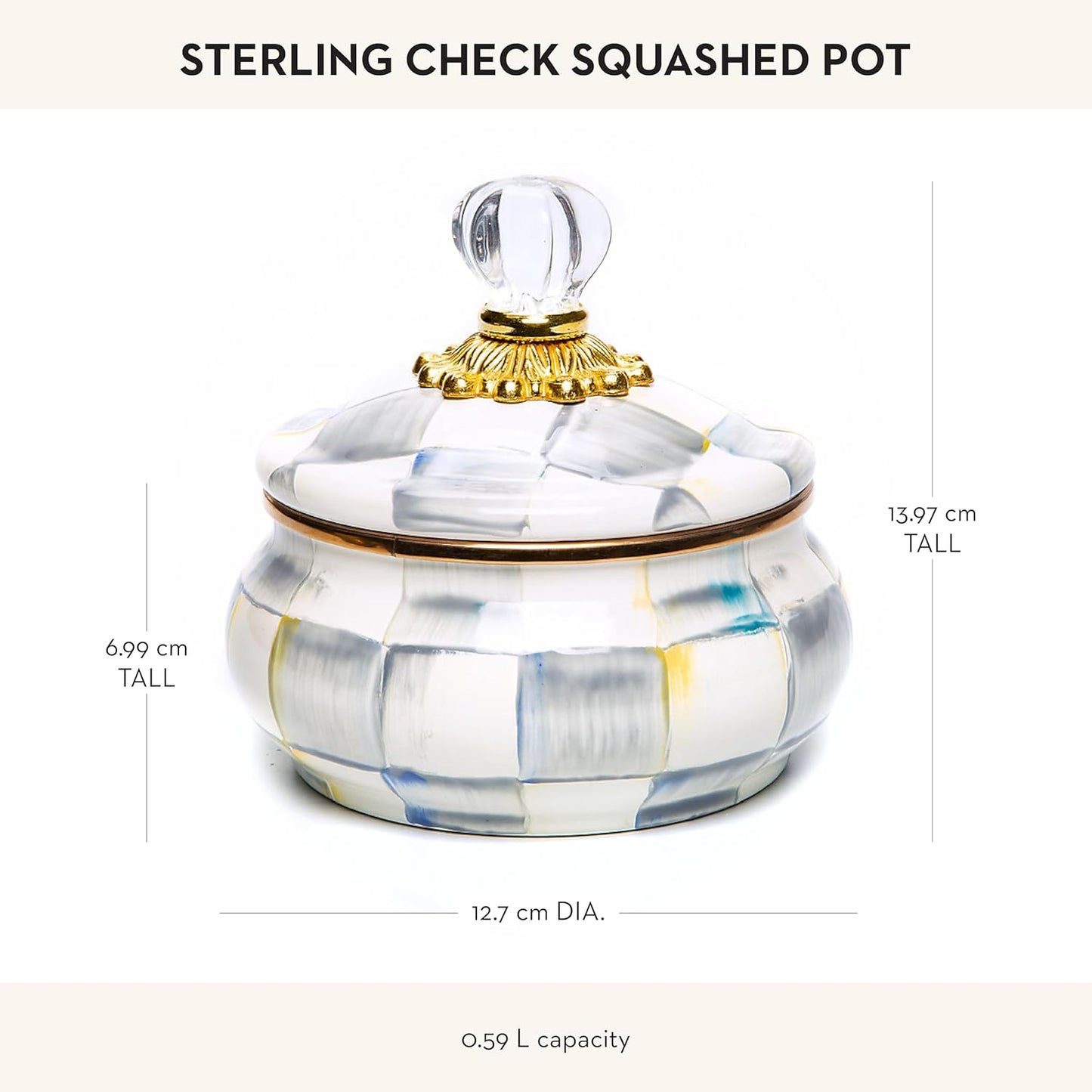 MACKENZIE-CHILDS Enamel Squashed Pot, Cute Enameled Container with Lid, 20 Ounces, Gray-and-White Sterling Check