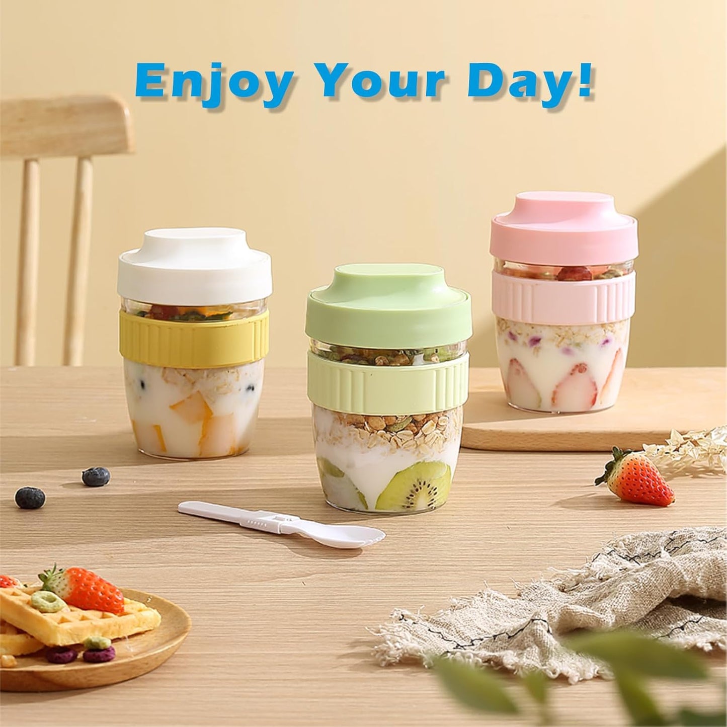 Breakfast On The Go Cups, Overnight Oats Containers With Lid And Folding Spoon, Take And Go Yogurt Cereal Snack Parfait Salad Containers For Lunch, Fruit & Vegetable Jar, 20 oz(Pink)