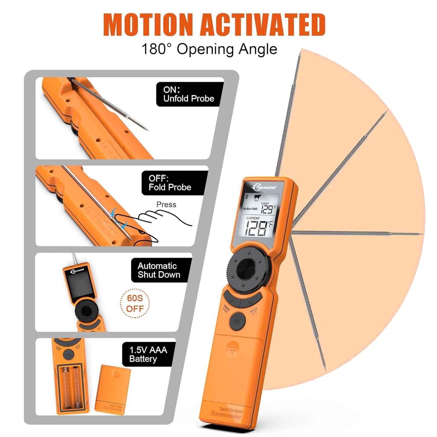 Digital Meat Thermometer for Grill, Instant Read Food Thermometers for Cooking with Food Doneness Guide, Calibration and LCD Backlight Screen, High Accuracy ±1% ℉, BBQ Beef Candy Orange
