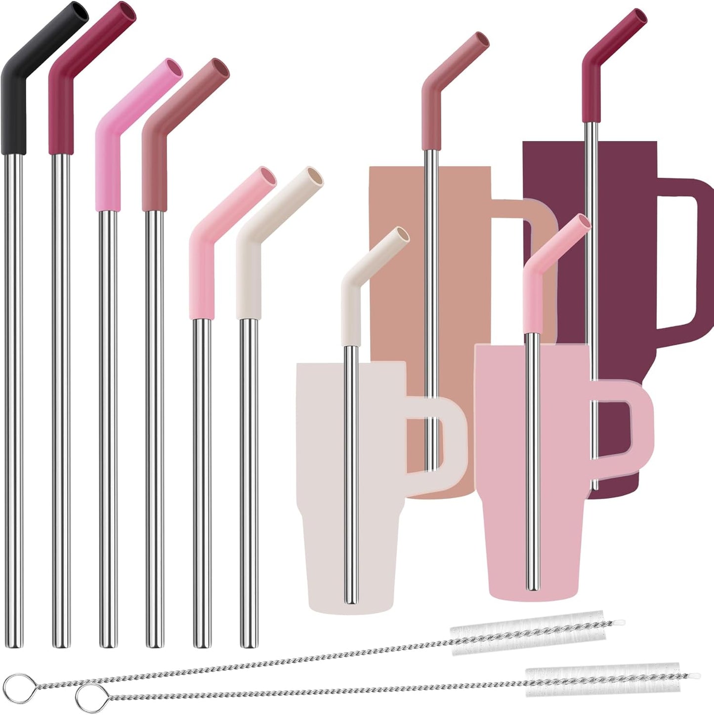 Tomorotec 6-Pack Stainless Steel Reusable Straw with Silicone Tip 3 Sizes, Metal Drinking Straws Fit for Stanley Quencher Tumblers 40oz, 30oz, 20oz, 14oz, Cleaning Brushes Included (Gradient)