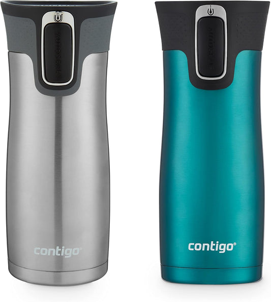 Contigo AUTOSEAL West Loop Vacuum-Insulated Stainless Steel Travel Mug with Easy-Clean Lid, 16oz., 2 Pack, Spirulina, Stainless Steel