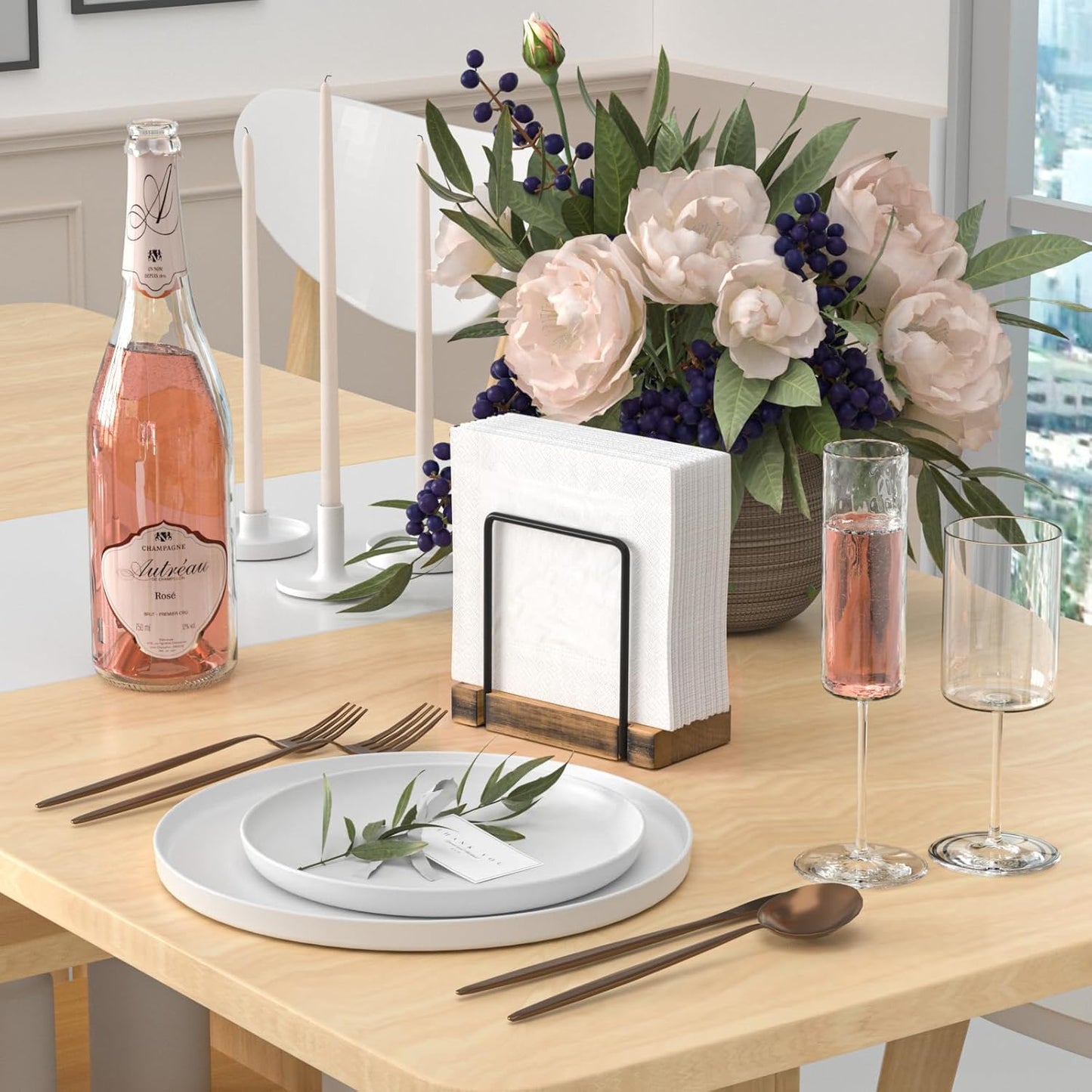 Napkin Holder for Table, Wood Iron Standing Napkin Dispenser for Dining Table Farmhouse Cocktail Picnic Rustic Wooden Holders All Kitchen Dining Room Decor Black & Farmhouse Brown