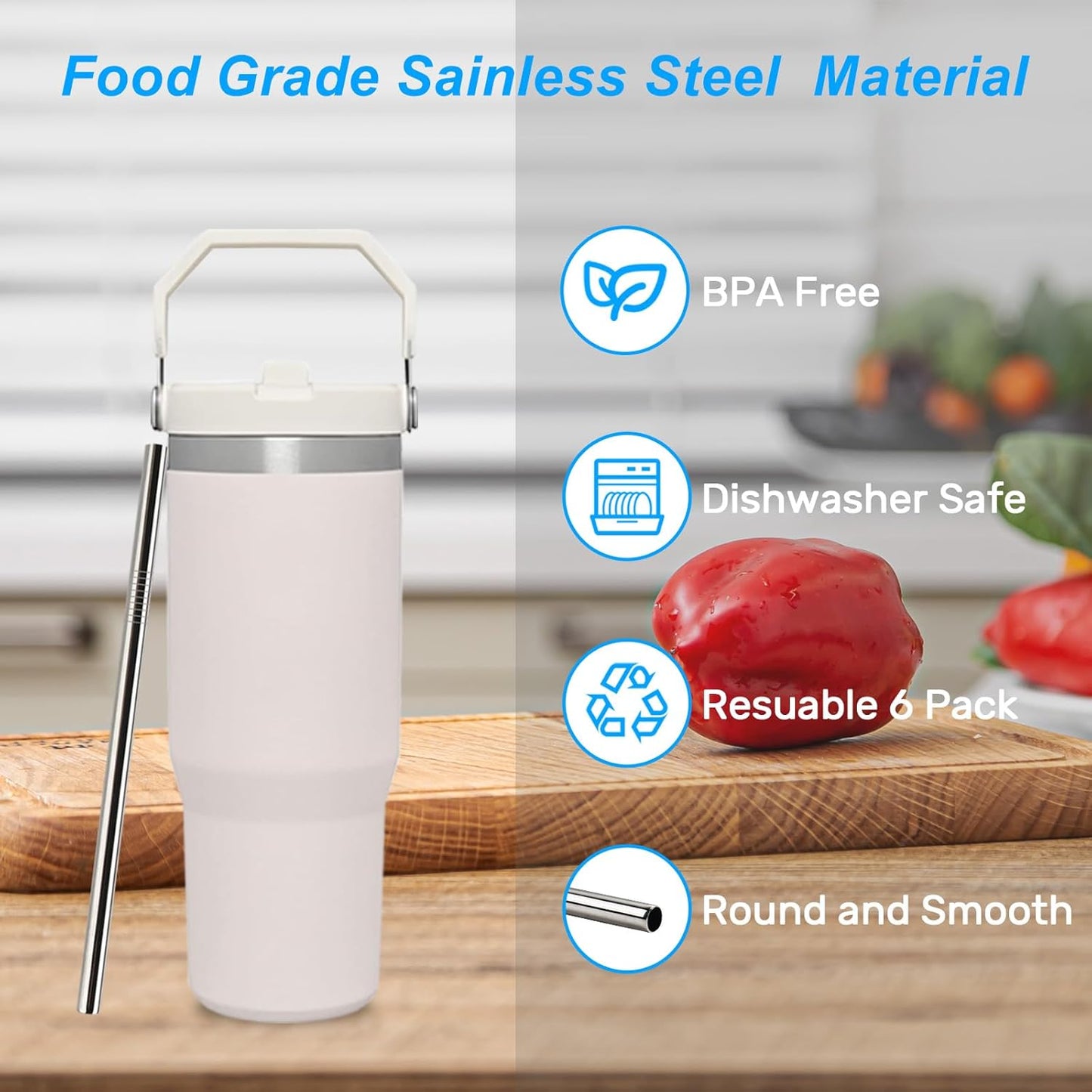 Metal Straws Reusable for Stanley Iceflow Flip 30oz Tumbler,6 Pack Replacement Stainless Steel Straws with 2PCS Straw Cleaner Brush for Stanley Accessories (Stainless Steel, for Stanley Iceflow 30oz)