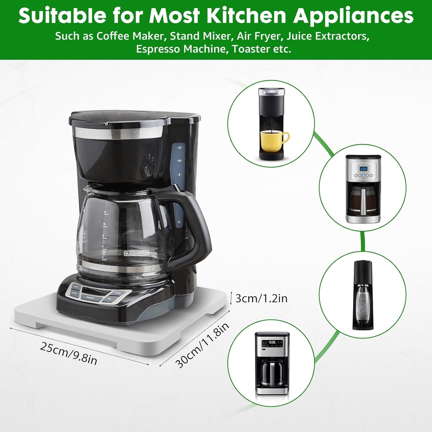 Appliance Slider 360° Rolling Tray for Coffee Maker- Bamboo Coffee Pot Slider Tray Countertop Rotation Sliding Tray with Wheels, Small Appliances Mat White (small 11.8" × 9.8" × 0.6")