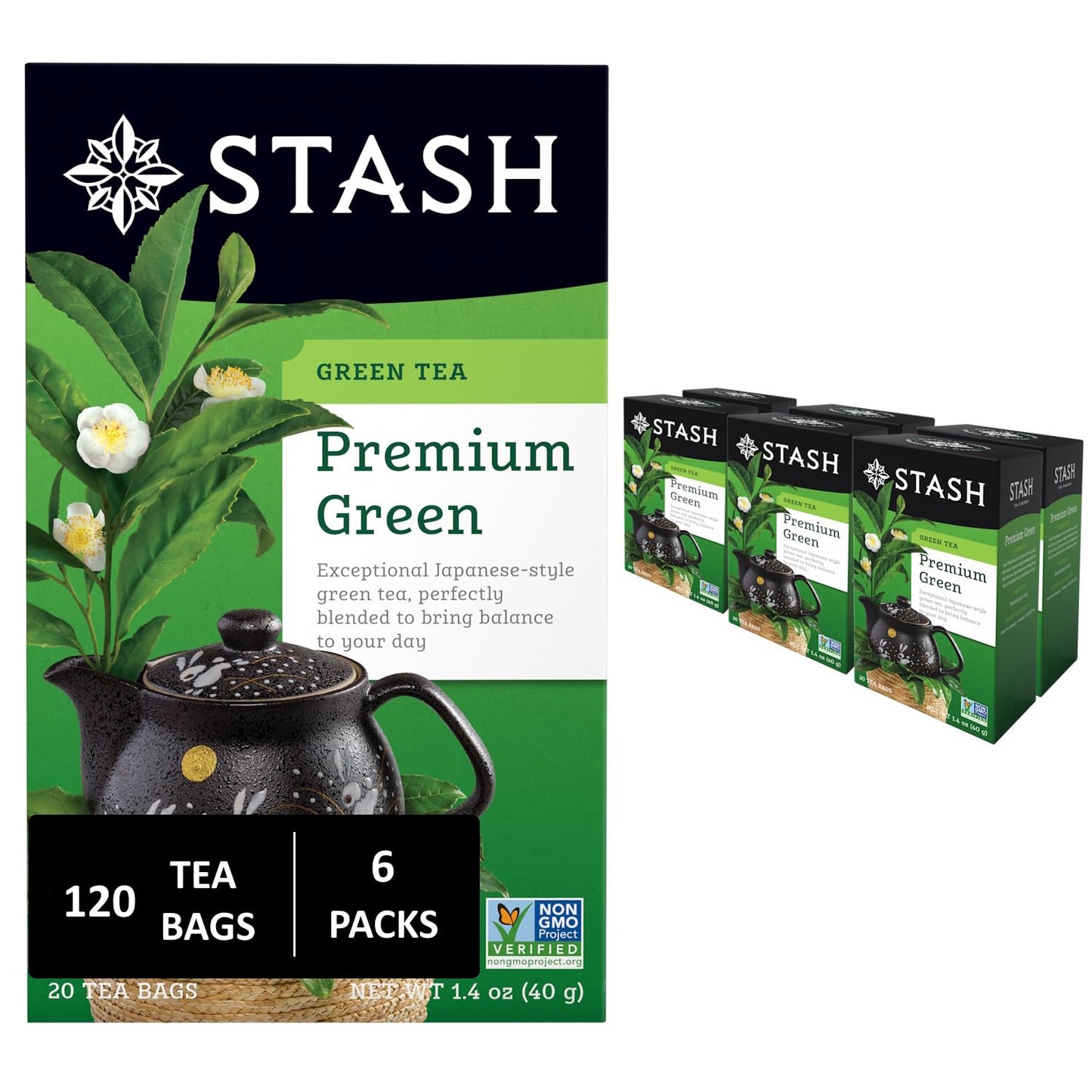 Stash Tea Premium Green Tea, 20 Count Box of Tea Bags in Foil, (Pack of 6)
