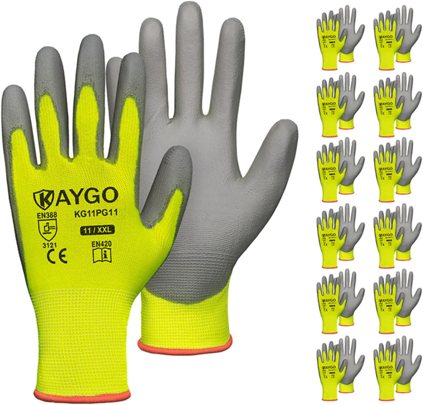 KAYGO Safety Work Gloves PU Coated-12 Pairs, KG11PB, Seamless Knit Glove with Polyurethane Coated Smooth Grip on Palm & Fingers, for Men and Women, Ideal for General Duty Work (XX-Large, Green)