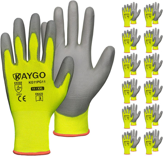 KAYGO Safety Work Gloves PU Coated-12 Pairs, KG11PB, Seamless Knit Glove with Polyurethane Coated Smooth Grip on Palm & Fingers, for Men and Women, Ideal for General Duty Work (XX-Large, Green)