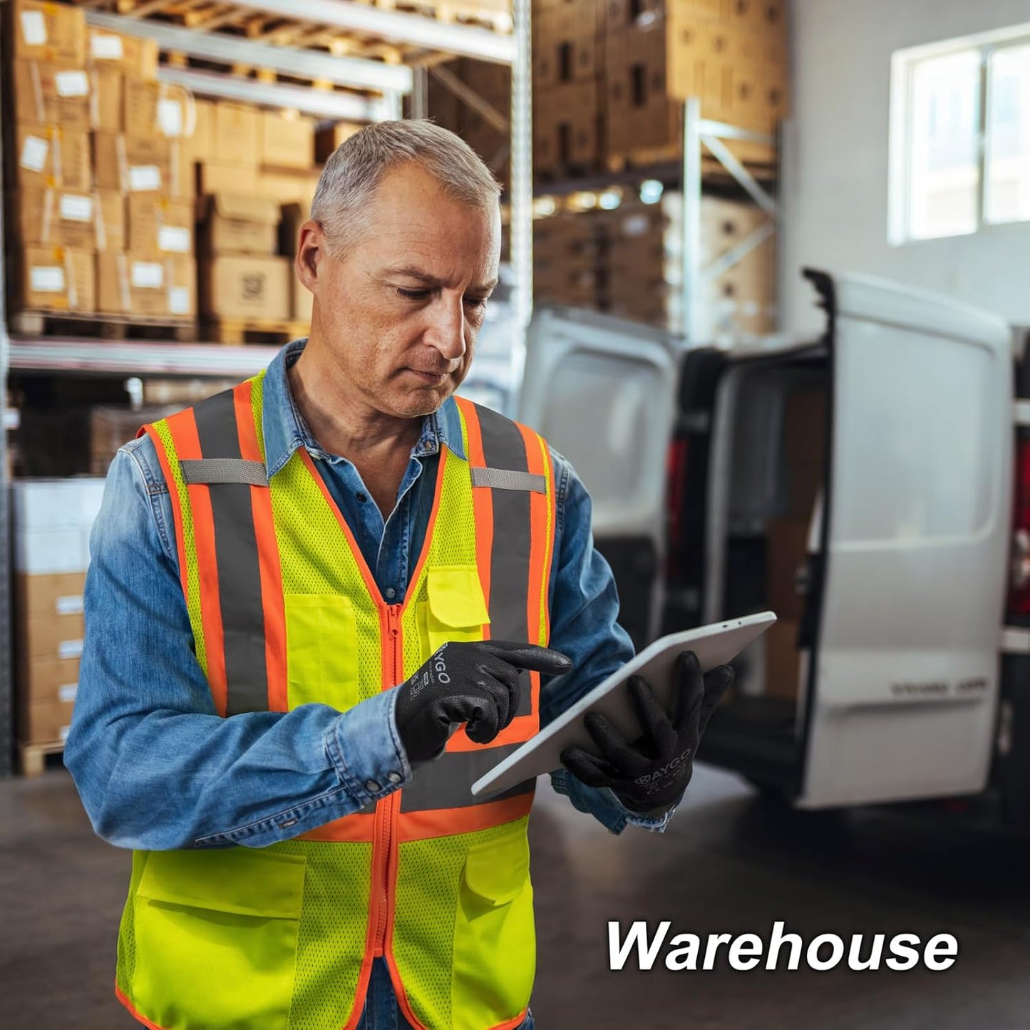 KAYGO Safety Work Gloves PU Coated for Men and Women, 12 Pairs KG11PB, Seamless Knit Glove with Two Fingers Touchscreen, breathable and lightweight Ideal for General Duty Work (XL,Black)