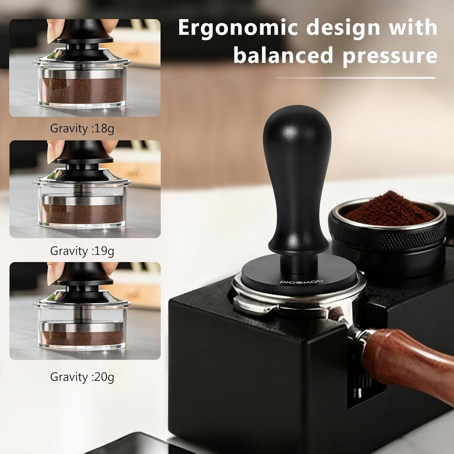 Espresso Tamper for 53mm, Stainless Steel Coffee Tamper Hammer, Spring Loaded Pounder with Comfort Grip, Manual Espresso Press Fits Breville/Sage Handle, Textured Stainless Steel Base, Black