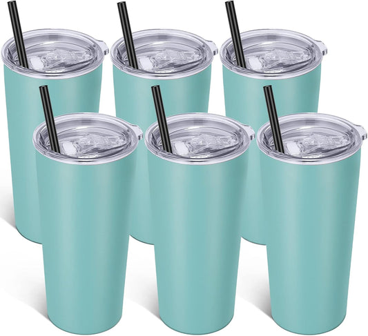 VEGOND 20oz Tumbler Bulk with Lid and Straw 6 Pack, Stainless Steel Vacuum Insulated Tumbler, Double Wall Coffee Cup Travel Mug, River Green