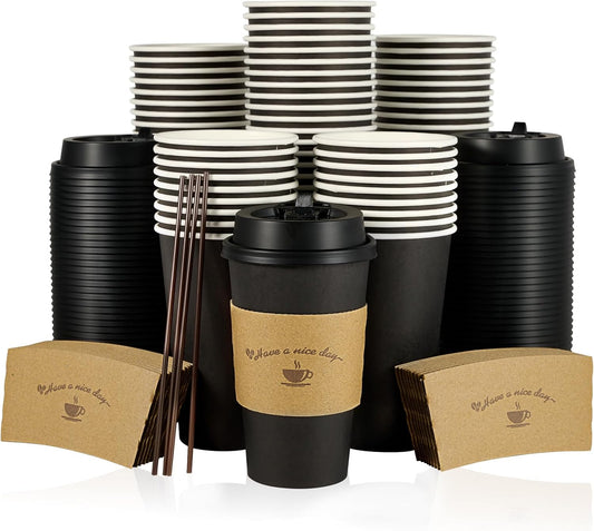 LITOPAK 100 Pack 16 oz Paper Coffee Cups with Lids, Black Disposable Coffee Cups with Lids, Sleeves and Stirring Sticks, for Parties, Picnic, Travel, and Events