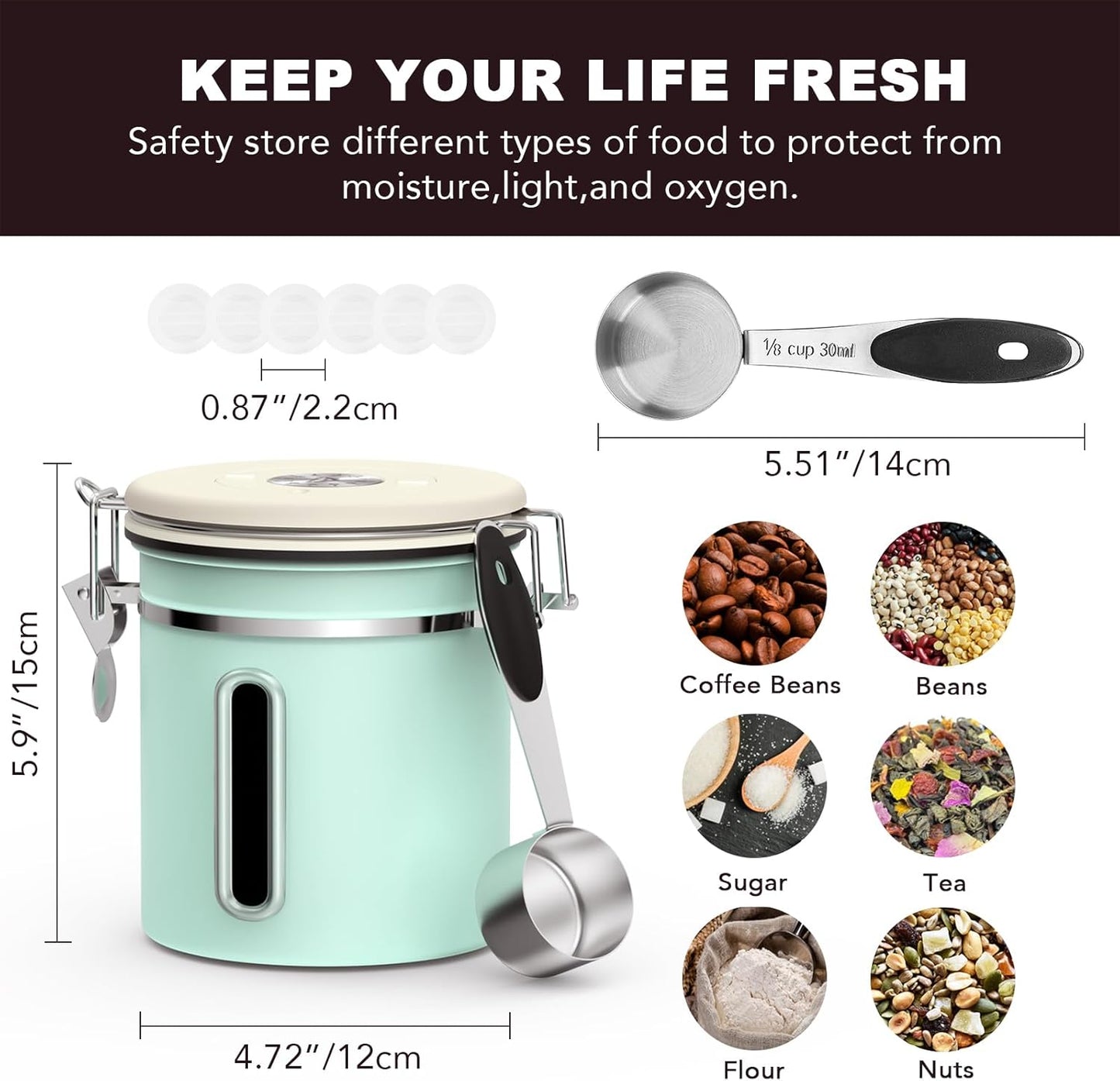 ShanSon Coffee Canister Airtight Coffee Container Stainless Steel Coffee Bean Storage Container with Scoop and See Through Window Coffee Canister for Beans Grounds Sugar Flour Tea Cereal,16OZ,Green