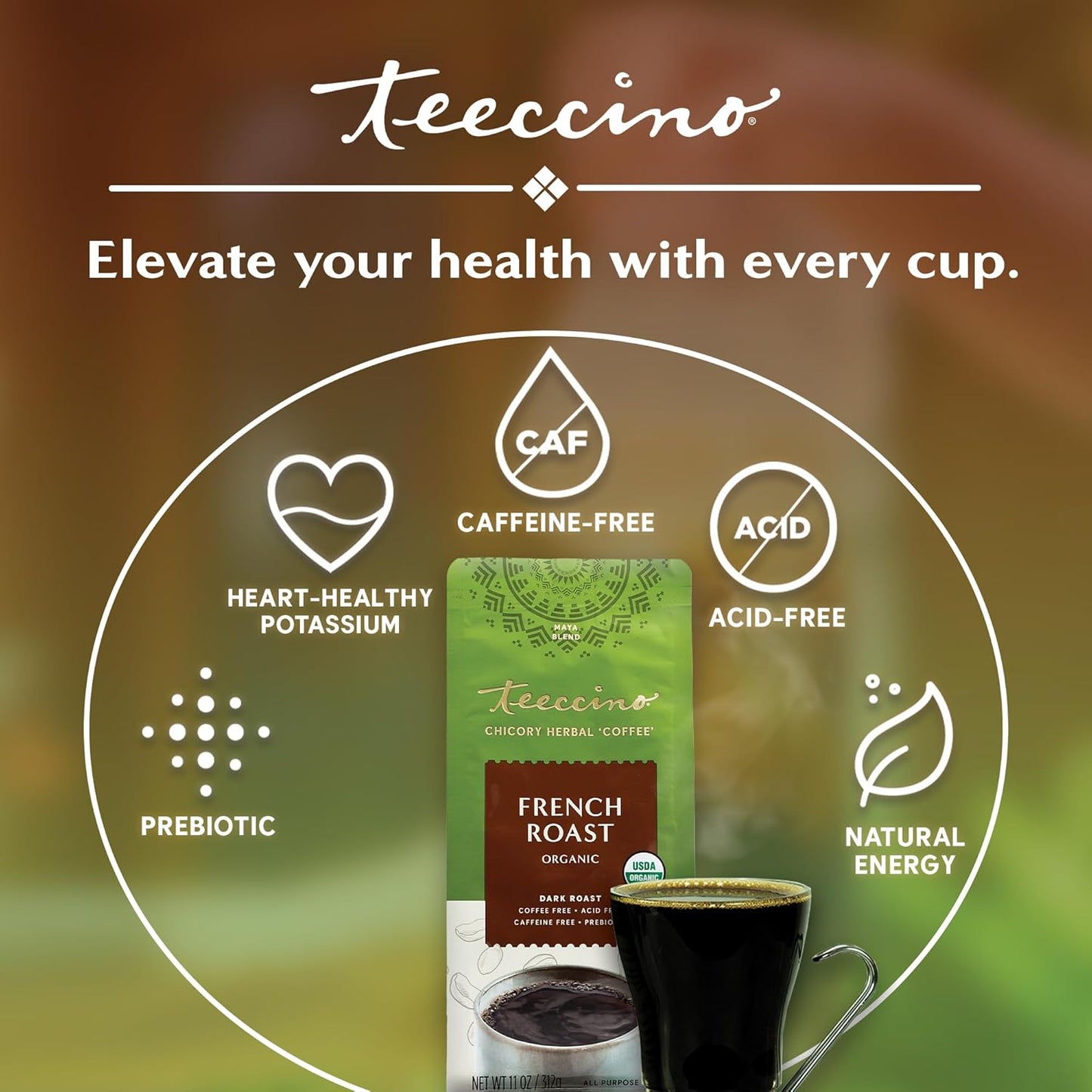 Teeccino French Roast Chicory Coffee Alternative - Ground Herbal Coffee That’s Prebiotic, Caffeine-Free & Acid Free, Dark Roast, 11 Ounce (Pack of 6)