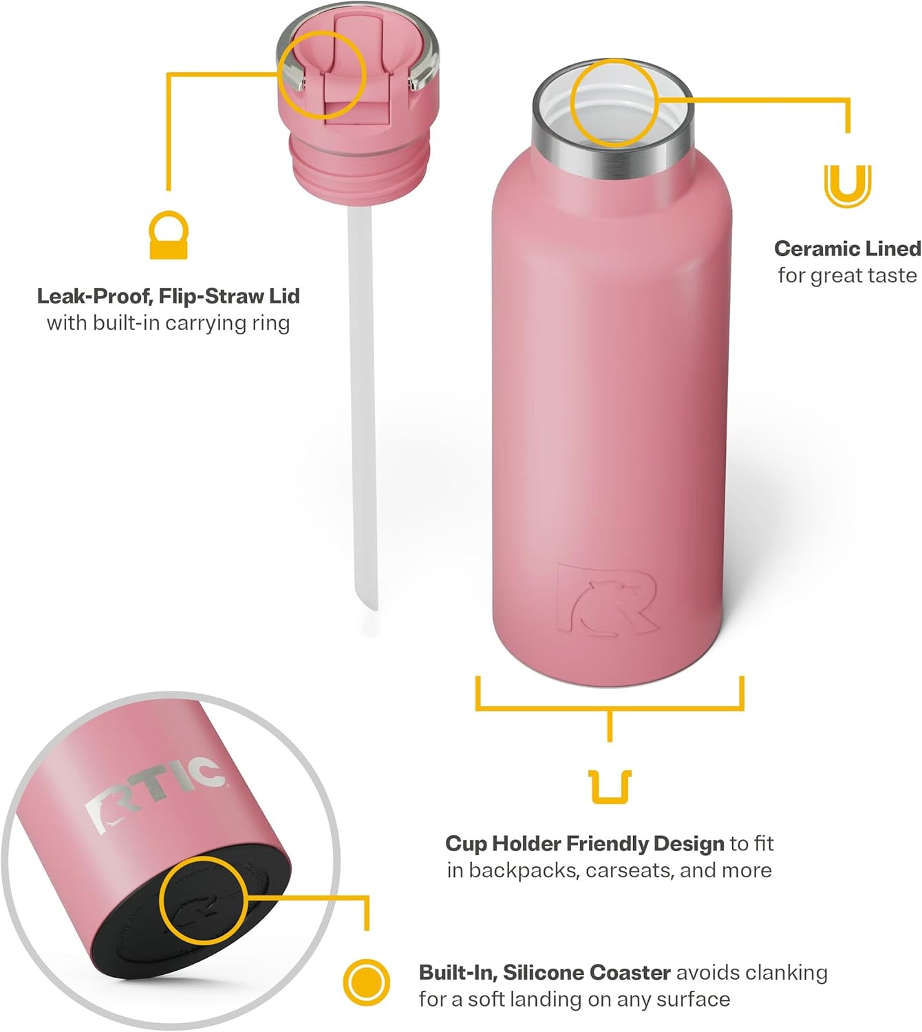 RTIC 16oz Journey Bottle Metal Stainless Steel Vacuum Insulated, BPA Free, Reusable, for Water, Hot and Cold Drinks, Travel, Sports, Camping, Dusty Rose