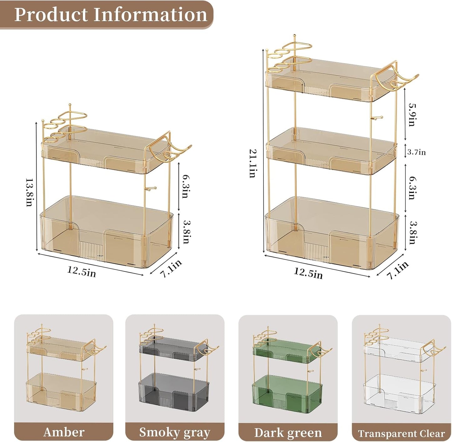 YCIA&DONE Luxury Bathroom Counter Organizer, Large Makeup Organizer Countertop, Shelf Organizer, Vanity Tray, Easily Assemble for Bathroom Organizers and Storage, Undersink, Cabinet,3 Tiers Amber