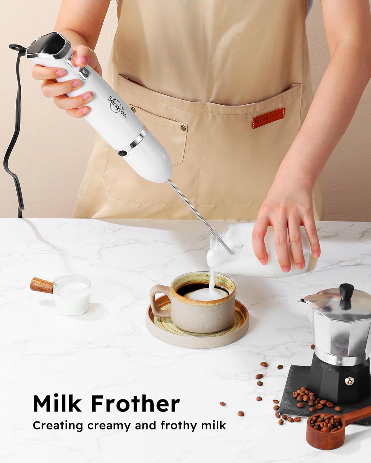 Sangcon Immersion Blender Handheld, 3-in-1 Hand Blender Electric, 400W Handheld Blender, Stainless Steel Blade Stick Blender with Whisk, Milk Frother Attachments - White