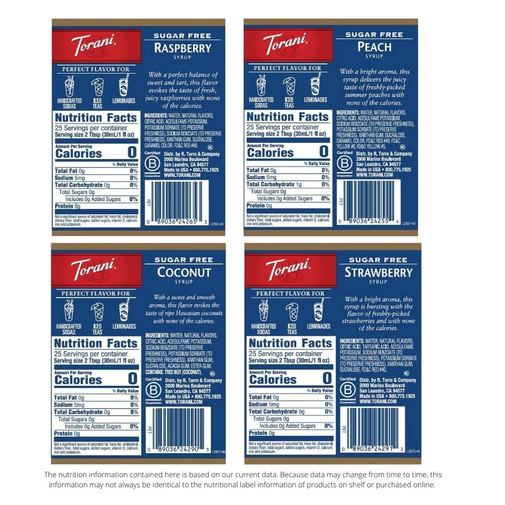 Torani Sugar Free Syrup, Soda Flavors Variety Pack, 25.4 Ounce (Pack of 4)