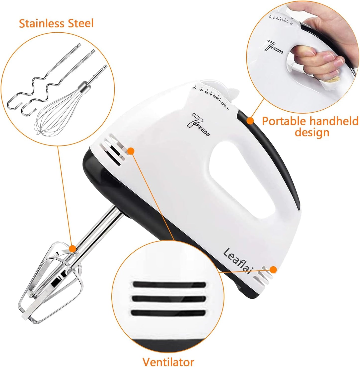 Handmixer Electric Handheld - 7 Speed Portable Kitchen Mixer Electric with 5 Stainless Steel Accessories Whisk, Food Beater for Whipping Mixing Cookies Cakes,Cooking,Baking