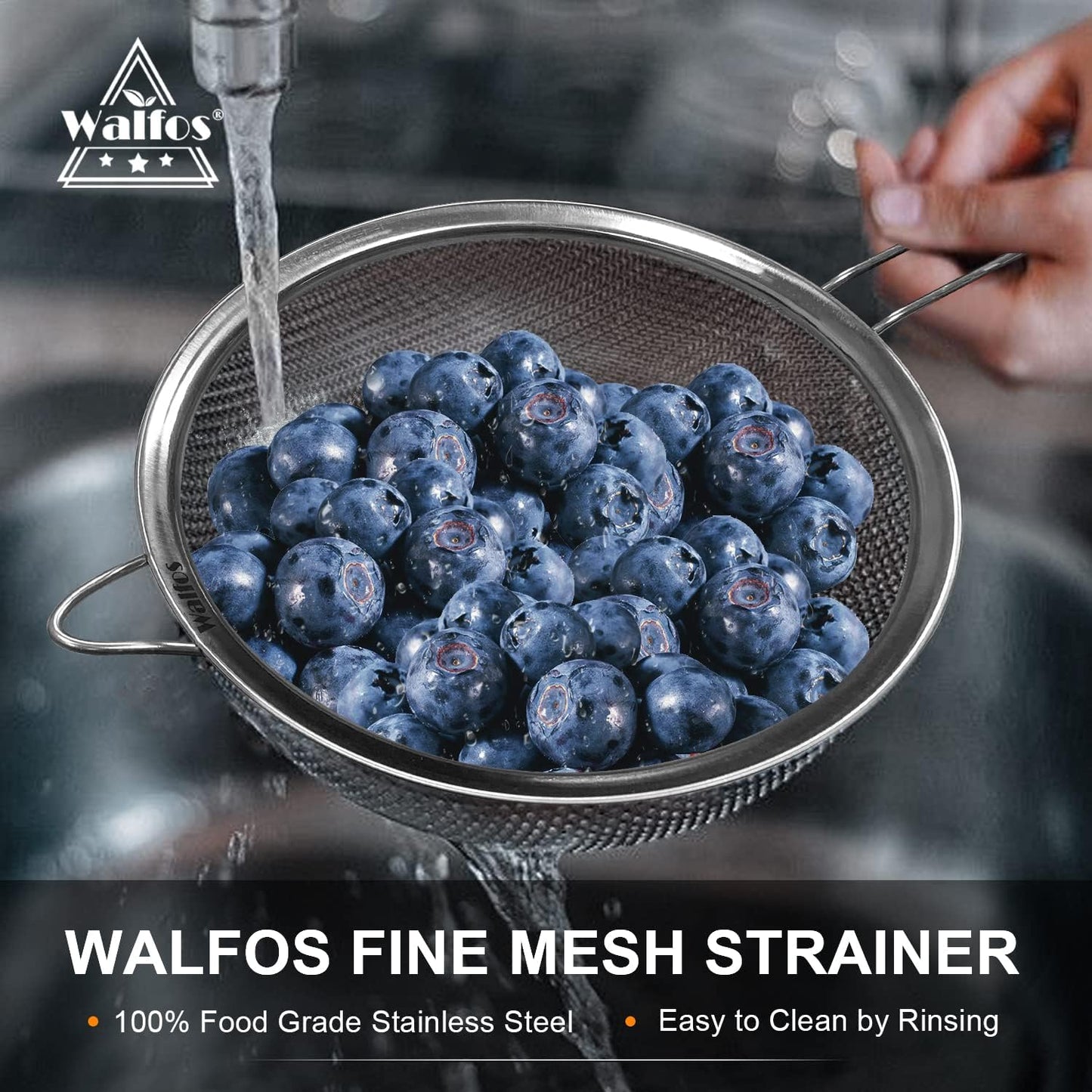 Walfos Fine Mesh Strainer Set of 3, Stainless Steel Wire Strainers for Kitchen, Multipurpose Metal Fine Sieve with Handle, Perfect for Food, Rice, Quinoa, 3", 5", 7"