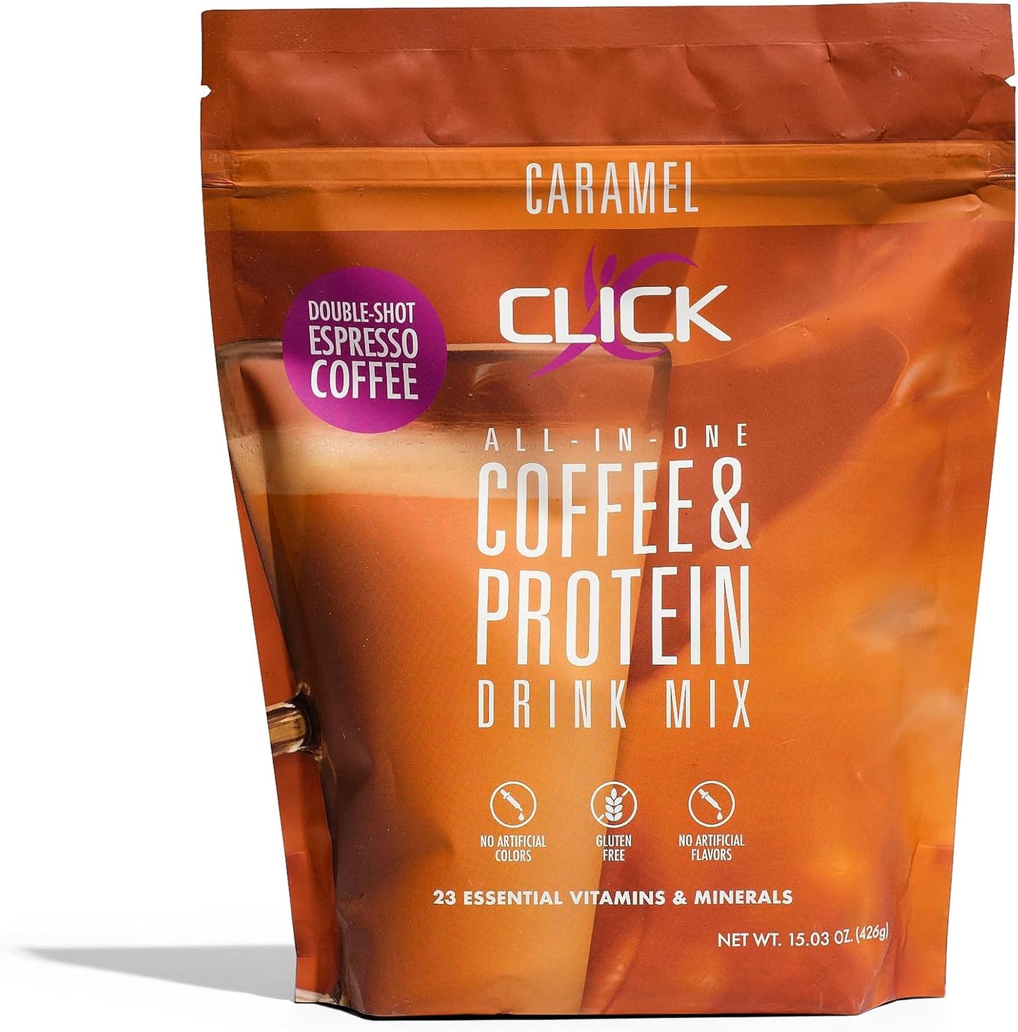 Click Coffee Protein Powder | Double Shot Espresso | 16g Protein | 23 Essential Vitamins | Low Calorie Meal Replacement | 150mg Caffeine | Gluten Free | No Artificial Flavors or Colors | Caramel