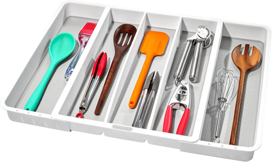 madesmart Expandable Utensil Tray-White | Classic Collection | 5-Compartments | Kitchen Organizer | Soft-Grip Lining and Non-Slip Rubber Feet | Easy to Clean | BPA-Free