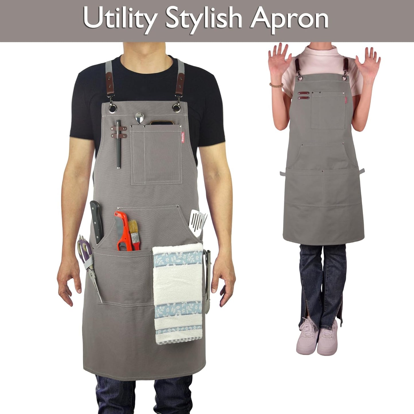 5 Pack Kitchen Apron, Work Apron, Canvas, Multiple Pockets, Gardening, Painting, BBQ, Artist, Carpenter, Sizes M to XXL, Dark Gray