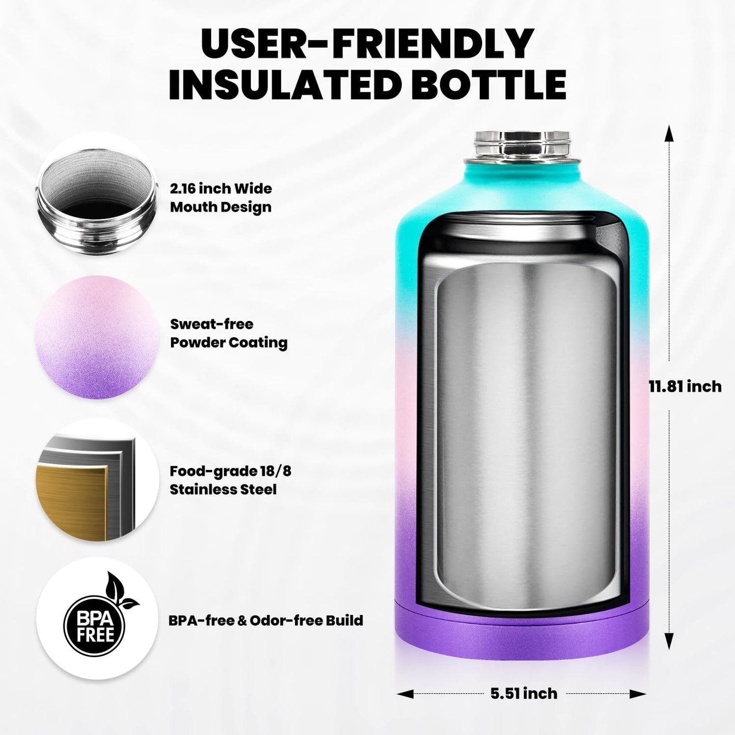 One Gallon Water Bottle Insulated, Triple Walled Vacuum Stainless Steel (Cold for 48 Hrs), Leak Proof & Non-BPA, Large Water Flask Jug with Paracord Handle & Straw Spout Lids