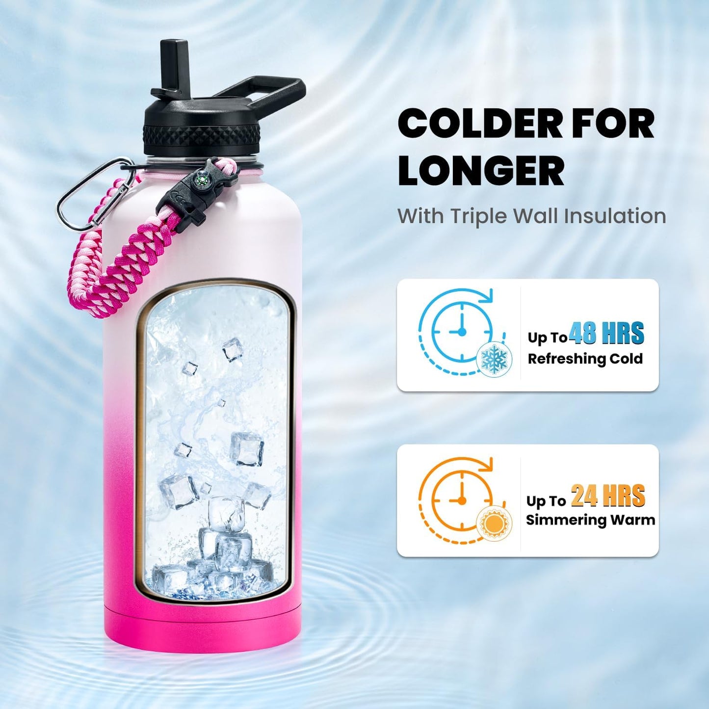 Insulated Water Bottle 87 oz, Triple Wall Vacuum Stainless Steel (Cold for 48 Hrs), Leak Proof & Non-BPA, Modern Water Flask Jug with Paracord Handle & Straw Spout Lids, Ombre Pink