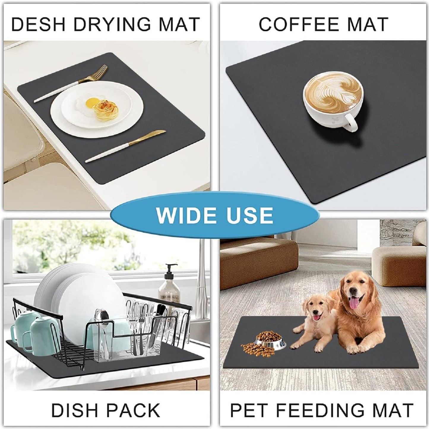 Coffee Mat 15.7*19.7 Inch, 50*40cm Dish Drying Mat for Kitchen Counter Bar, Stain Hiding Rubber Backed Absorbent Bar Mat Pad (Dark Grey, 15.7"x19.7")