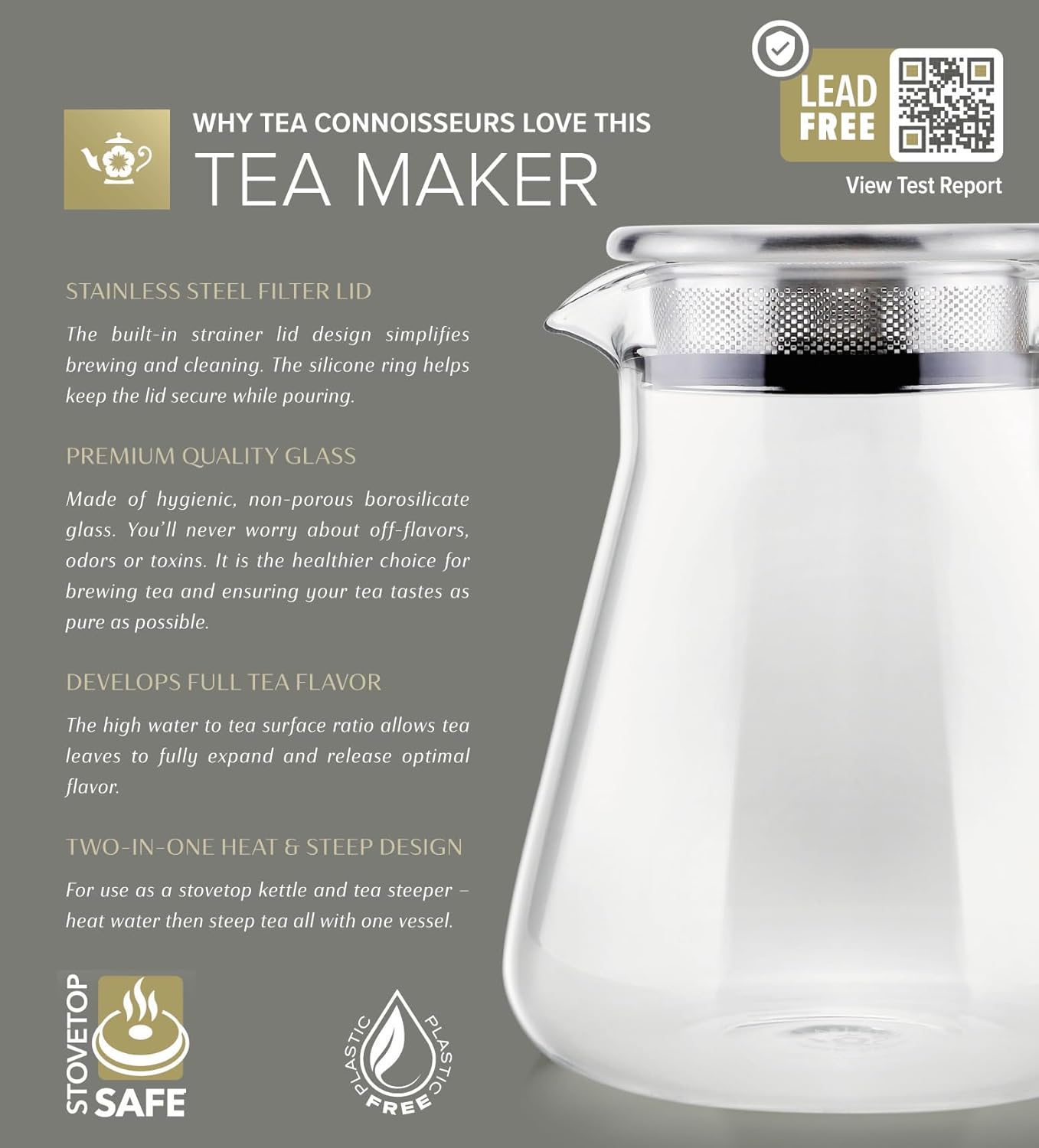 Teabloom One-Touch Tea Maker, 2-in-1 Teapot and Kettle with Stainless Steel Filter Lid for Loose Tea – Stain-free Borosilicate Glass Tea Pot (15 Oz) – Tea Connoisseur's Choice