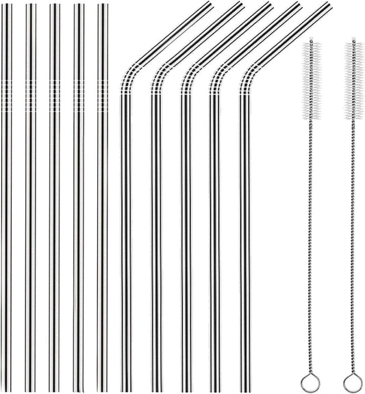 Set of 10 Stainless Steel Straws, HuaQi Bent Reusable Drinking Straws 10.5'' Long 0.24‘’ Dia for 30 oz Tumbler and 20 oz Tumbler, 2 Cleaning Brush Included