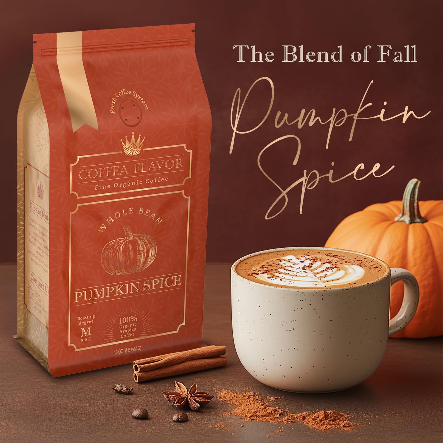 Pumpkin Spice Flavored Whole Bean Coffee – Gourmet 100% Organic Arabica, Single Origin, Medium Roast, Autumn Inspired, Naturally Sweetened – by Coffea Flavor