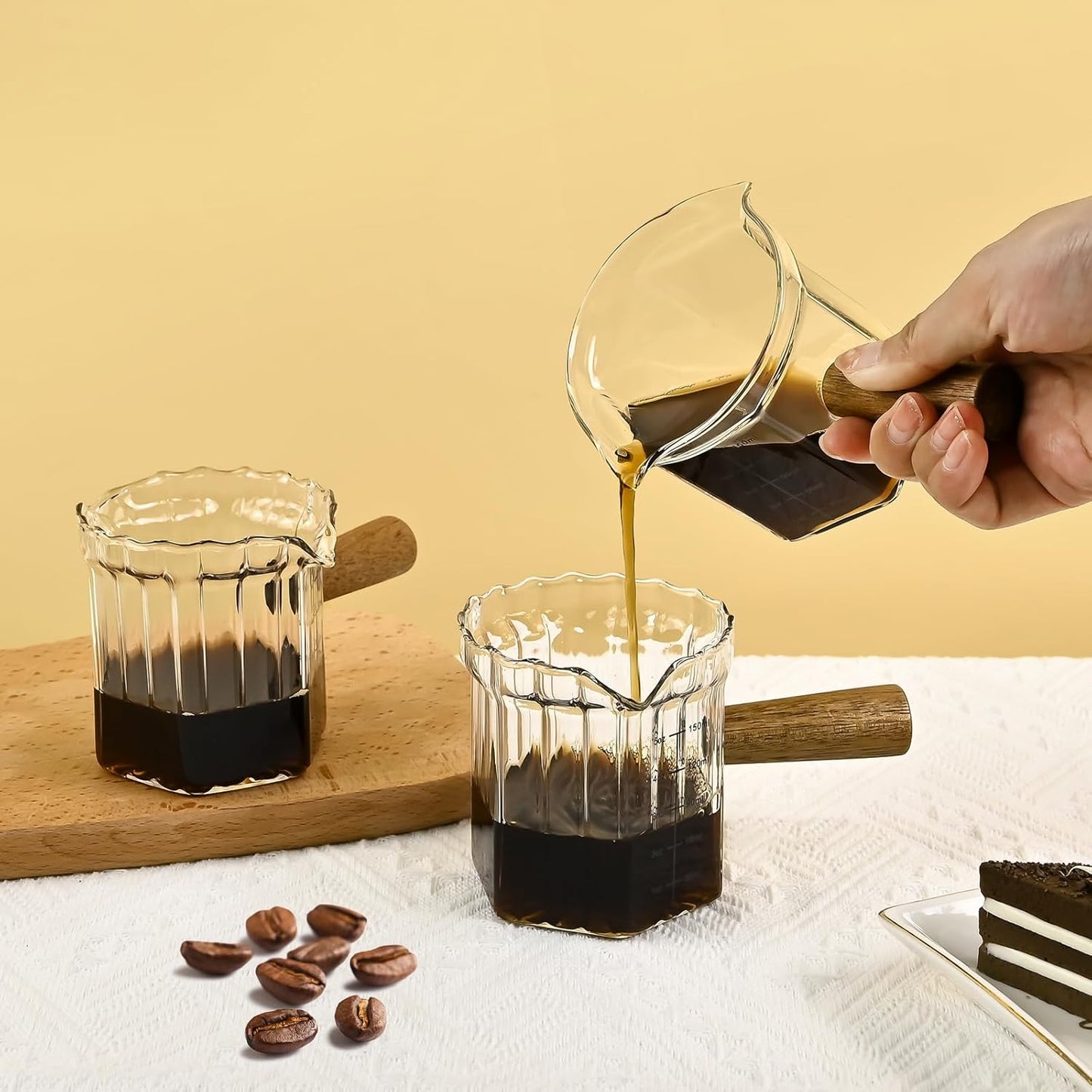 Glass Measuring Cup, 5oz Espresso Shot Glass with Wood Handle, Double Spouts Measuring Triple Pitcher Milk Cup for Coffee Tea (Transparent Ribbed)
