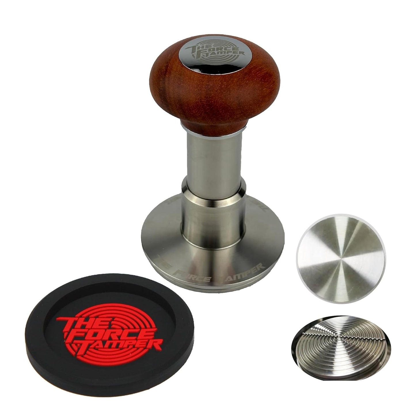 The Force Tamper Automatic Impact Adjustable Constant Pressure and Autoleveling Coffee Tamper Reddish Brown Jellyfish Wooden Handle Set Pro (Ripple-Distribute Set, 54.00mm)
