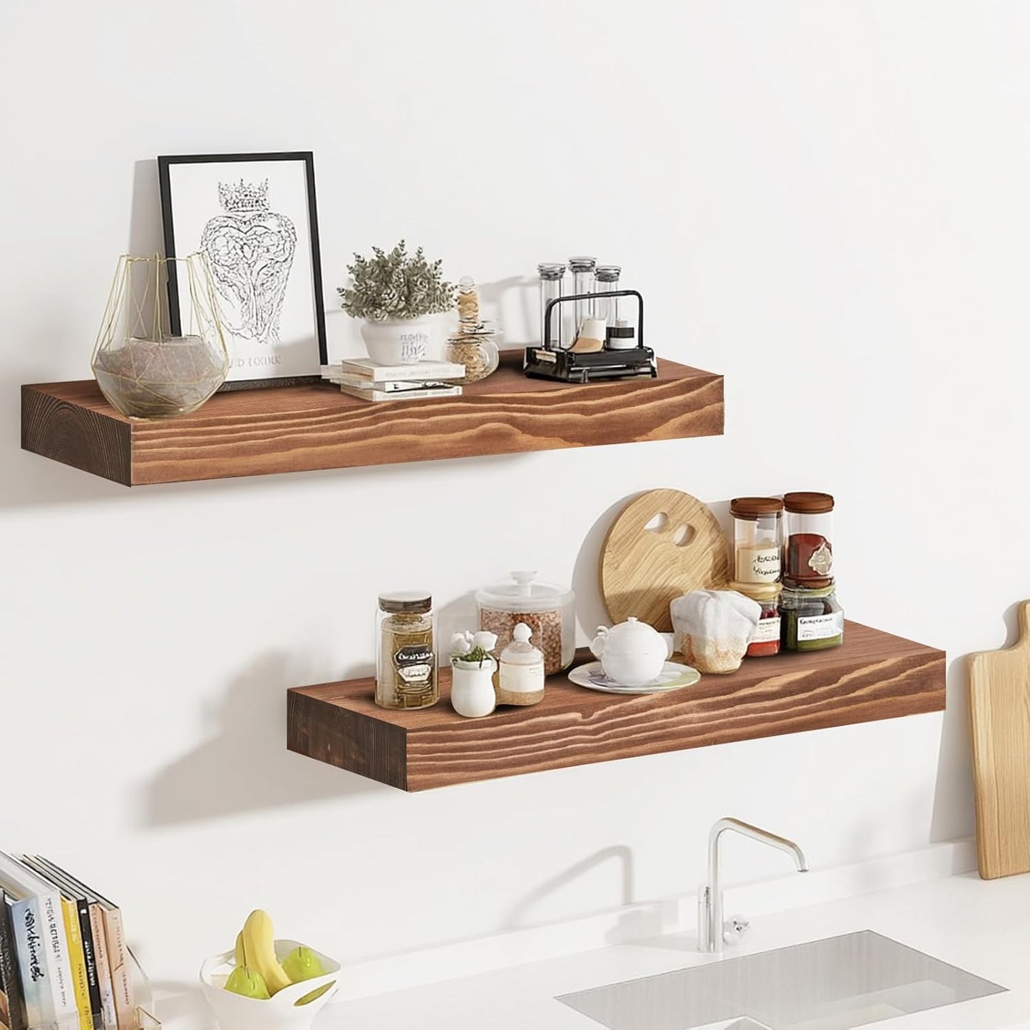 17x8x1.6 inch Floating Shelves Set of 2 – Solid Wood Rustic Brown Wall Mounted Shelf for Kitchen, Bathroom, Living Room