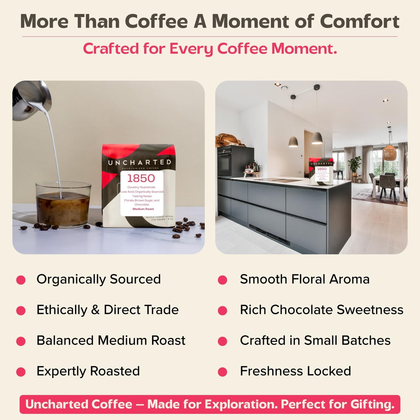 Uncharted Coffee 1850 Guatemala Whole Bean – Organic Single-Origin Medium Roast, Direct Trade, Balanced Flavor with Cocoa & Citrus Notes, Fresh Roasted, 9 oz Bag