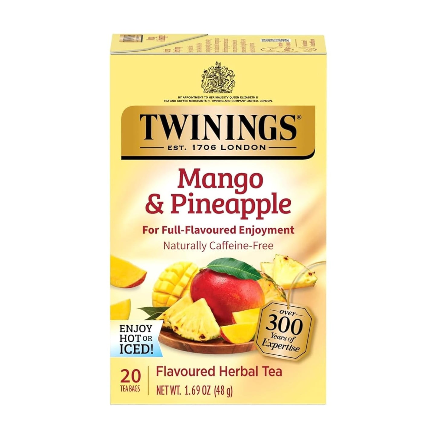 Twinings Mango & Pineapple Herbal Tea Individually Wrapped Bags, 20 Count (Pack of 1), Naturally Caffeine-Free, Enjoy Hot or Iced, 20 Teabags