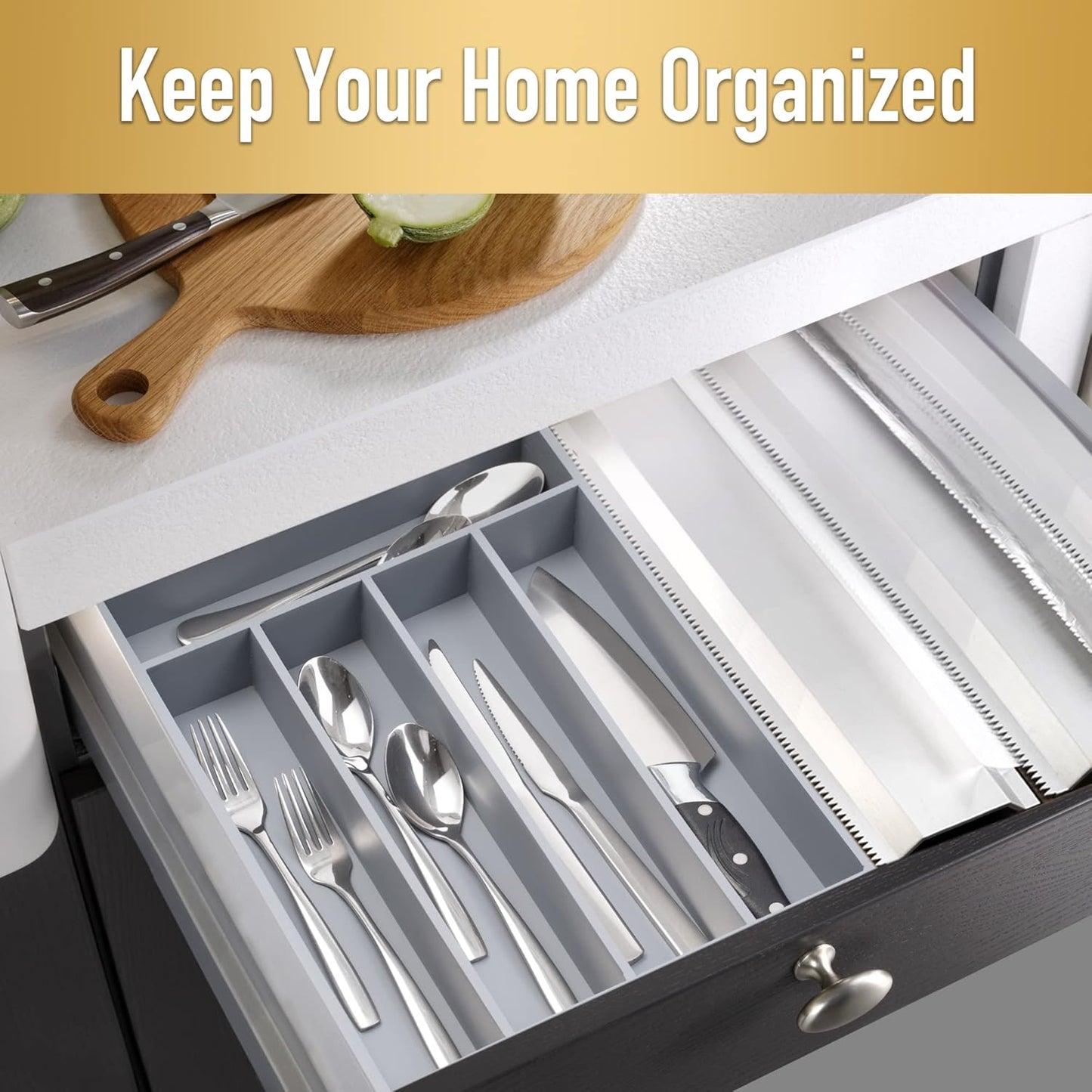 Bamboo Silverware Holder - Drawer Organizer with 5 Slots (Gray)