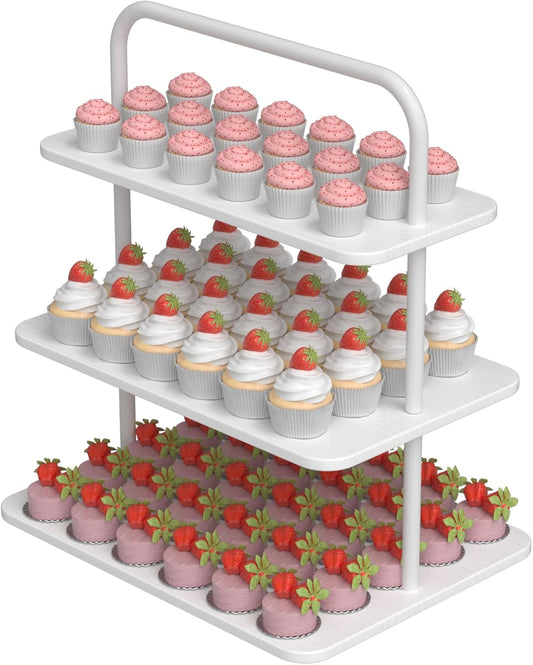 Cupcake Stand, 3-Tier Dessert Stand for 68 Cupcakes, Wood & Metal Tower Display Premium Holder Dessert Tree Tower for Wedding Graduation Birthday Christmas Party, Serving Tray, White