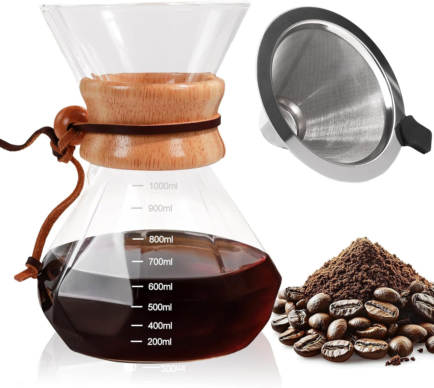 Pour Over Coffee Maker 1000ml with 304 Stainless Steel Filter and Wooden Collar Holder Borosilicate Glass Drip Coffeemaker Server Set Clear Hand Brew Dripper Carafe for Home Camping Travel 33.8oz