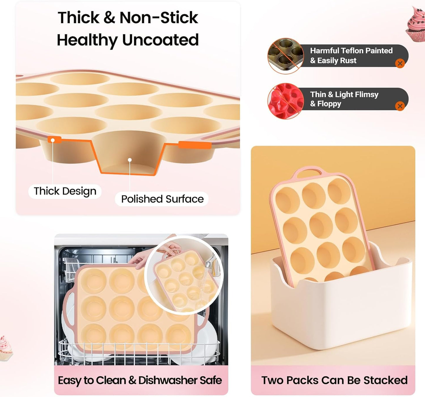 Silicone Muffin Pans for Baking 1 Pack, 2.6 Inch with Metal Reinforced Frame, Regular Size Nonstick Silicone Cupcake Pan for Baking Homemade Muffins, Cupcakes, Dishwasher Safe BPA Free-Yellow