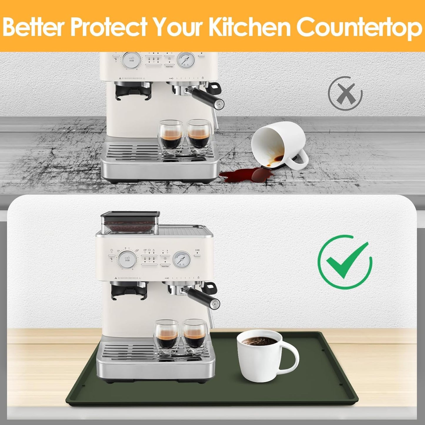 Silicone Coffee Maker Mat with Lip, 19.7'' x 15'' Heavy Duty Coffee Maker Mat for Countertops, Coffee Tray Fit Under Coffee Machine Appliance Automatic Machines Espresso Accessory, Dark Olive Green