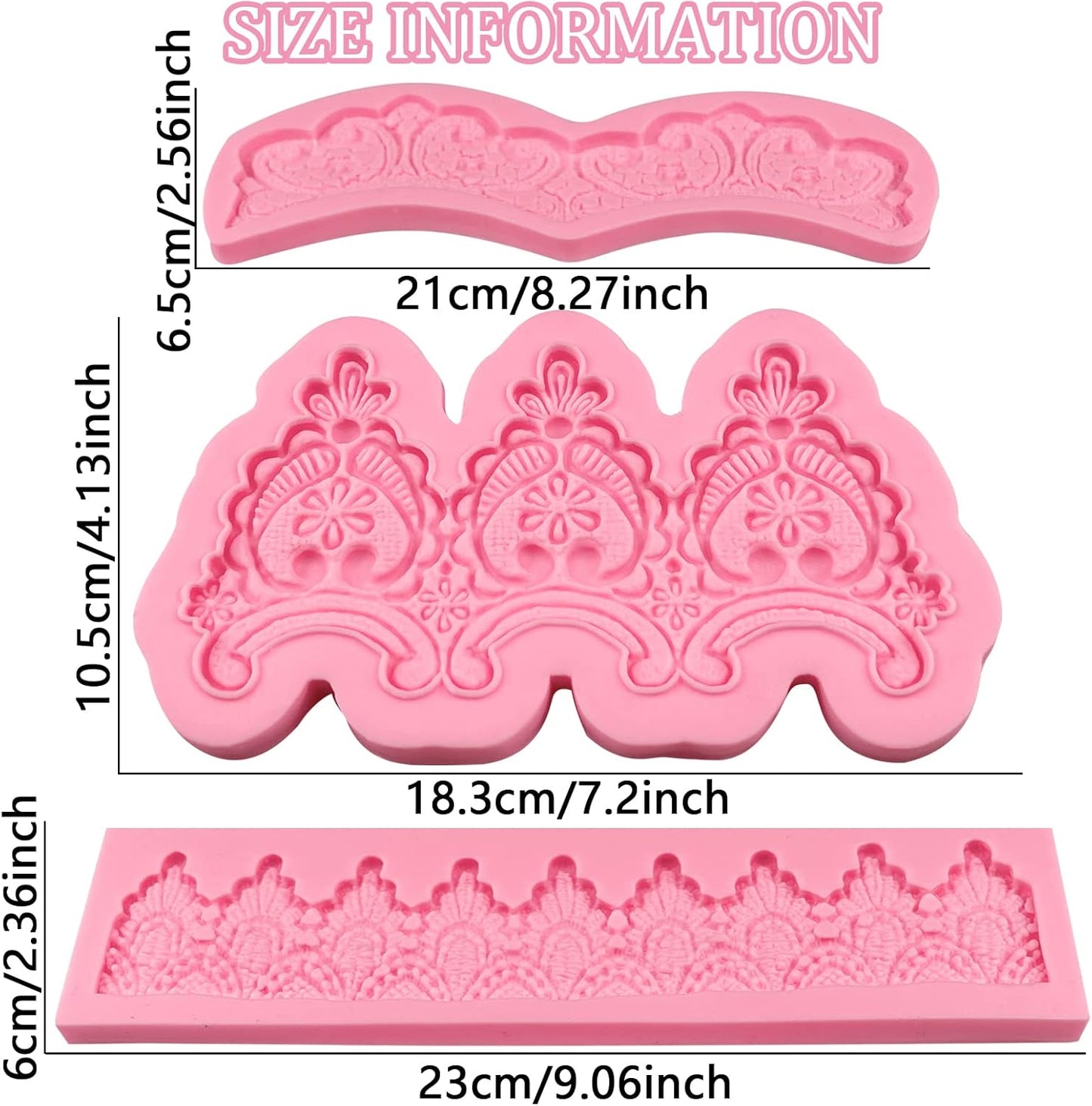 Baroque Embossed Cake Decorating Mold 3pcs, Lace Fondant Silicone Molds for Chocolate Candy Mousse Butter Biscuit Marzipan Sugar Craft Cake Border Cupcake Topper Dessert Display Resin Gypsum Clay