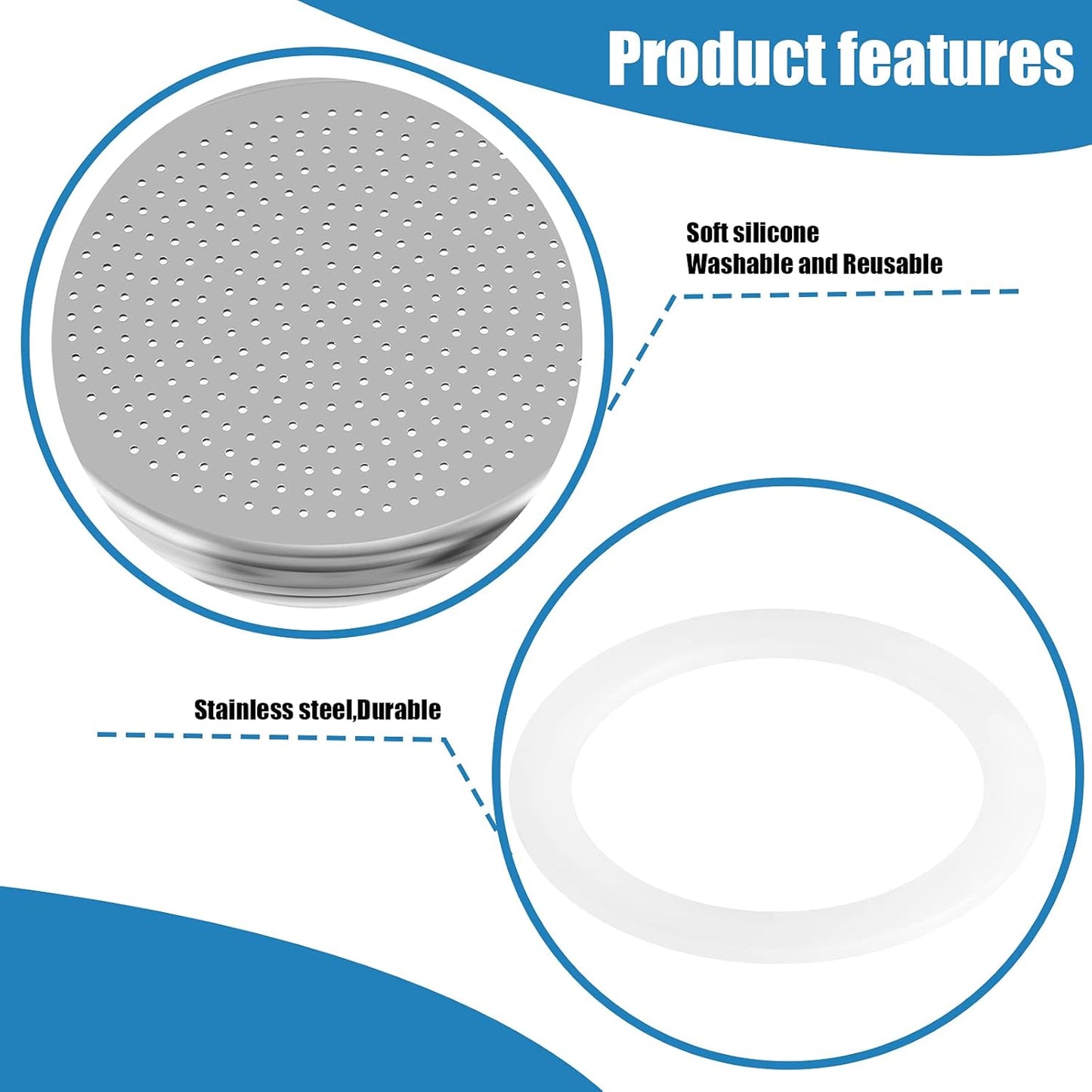 6 Pieces Moka Pot Replacement Cup Gasket with 2 Pcs Stainless Filter Silicone Moka Express Replacement Seals Funnel Kits Compatible Espresso Coffee Maker Parts(1-cup)