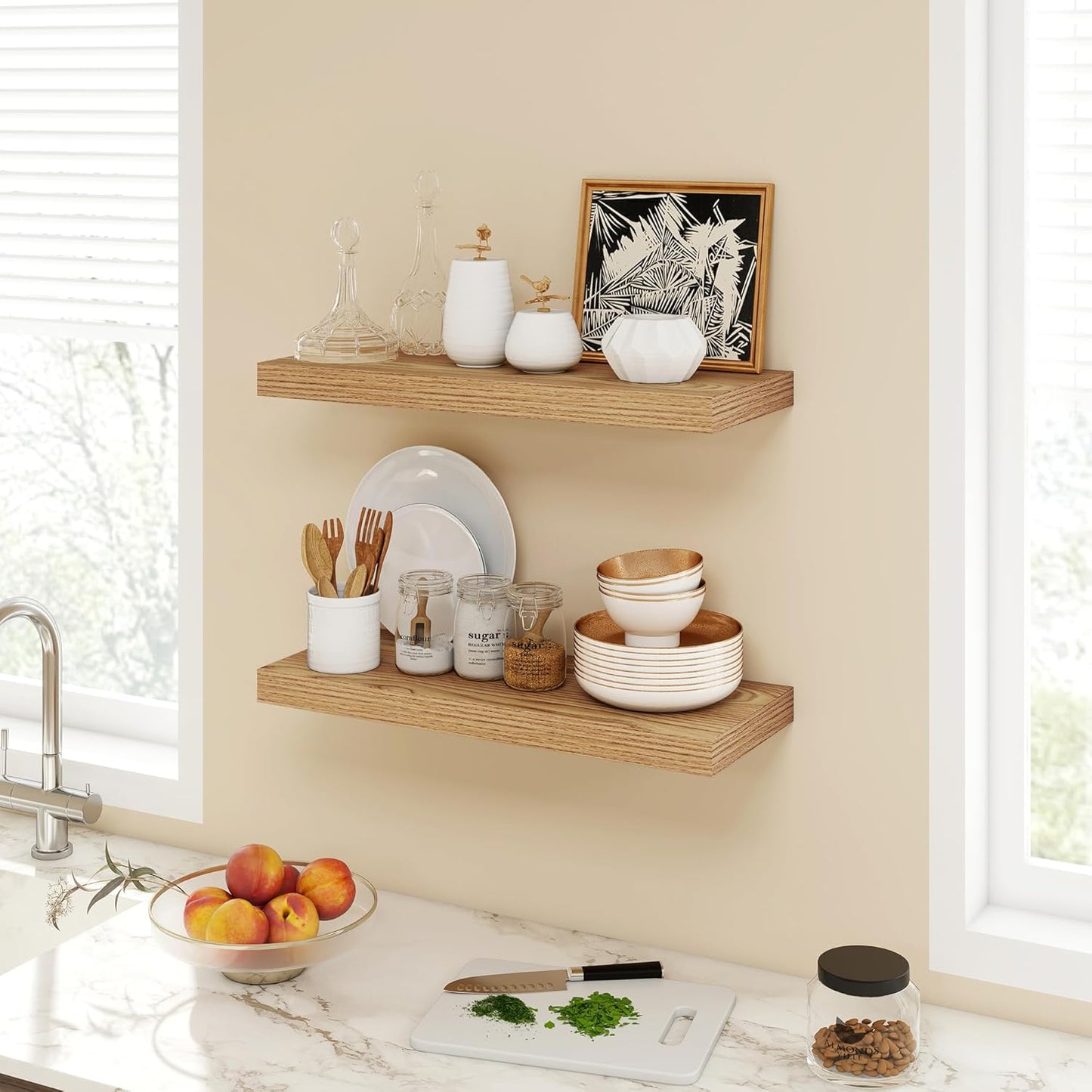 24 Inch Floating Shelves, 9.3" Deep Floating Shelf Wall Mounted, 24" Wall Shelves, Rustic Deep Bookshelf, Large Display Shelves & Storage Shelves for Bedroom, Living Room, Light Brown, Set of 2