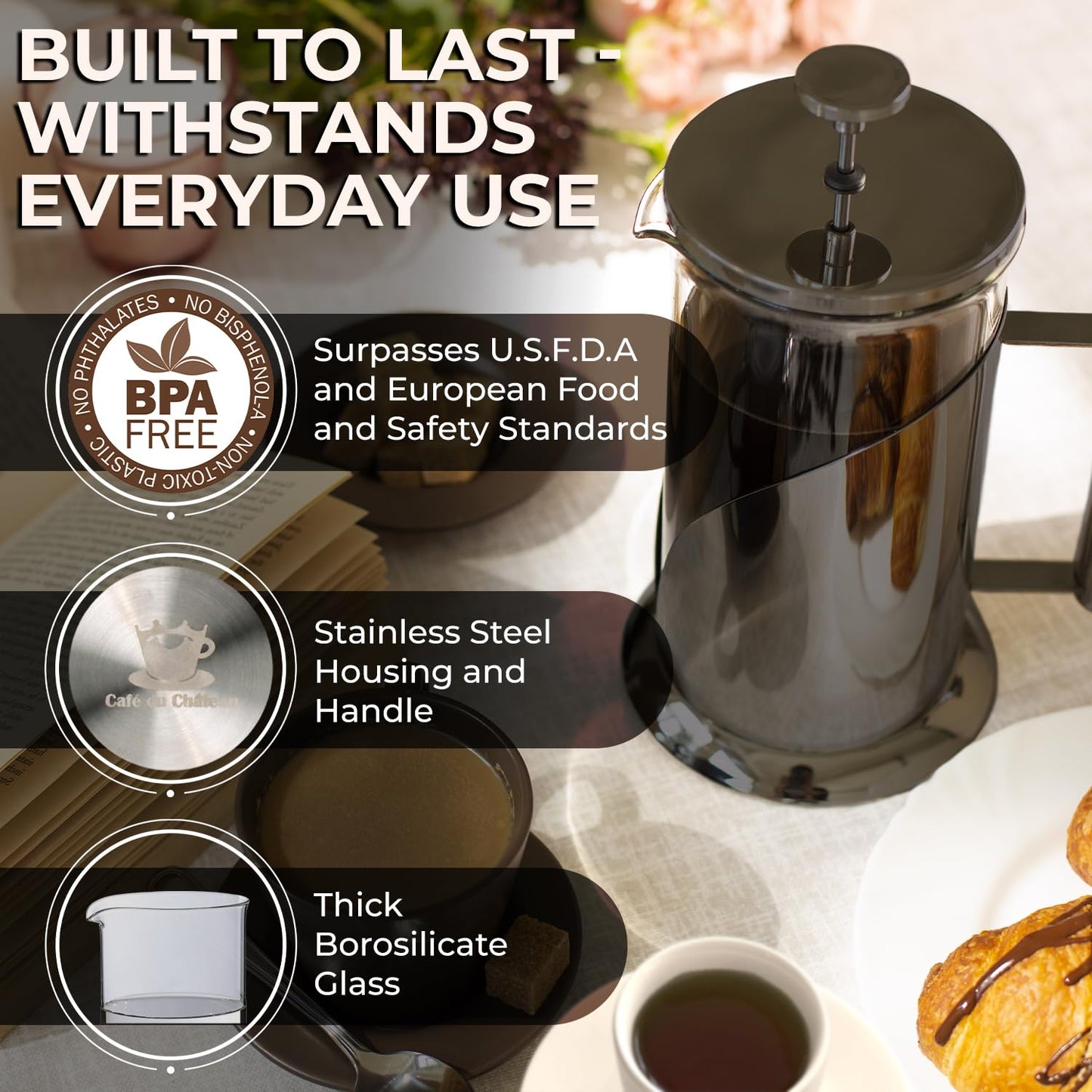 Cafe Du Chateau Stainless Steel French Press Coffee Maker - 34oz Insulated Coffee Press with 4-Level Filtration, BPA Free, Durable Glass, Great for Tea