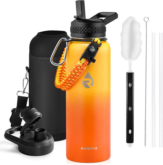Insulated Water Bottle 40 oz, Triple Wall Vacuum Stainless Steel (Cold for 48 Hrs), Leak Proof & Non-BPA, Modern Water Flask Jug with Paracord Handle & Straw Spout Lids, Ombre Orange