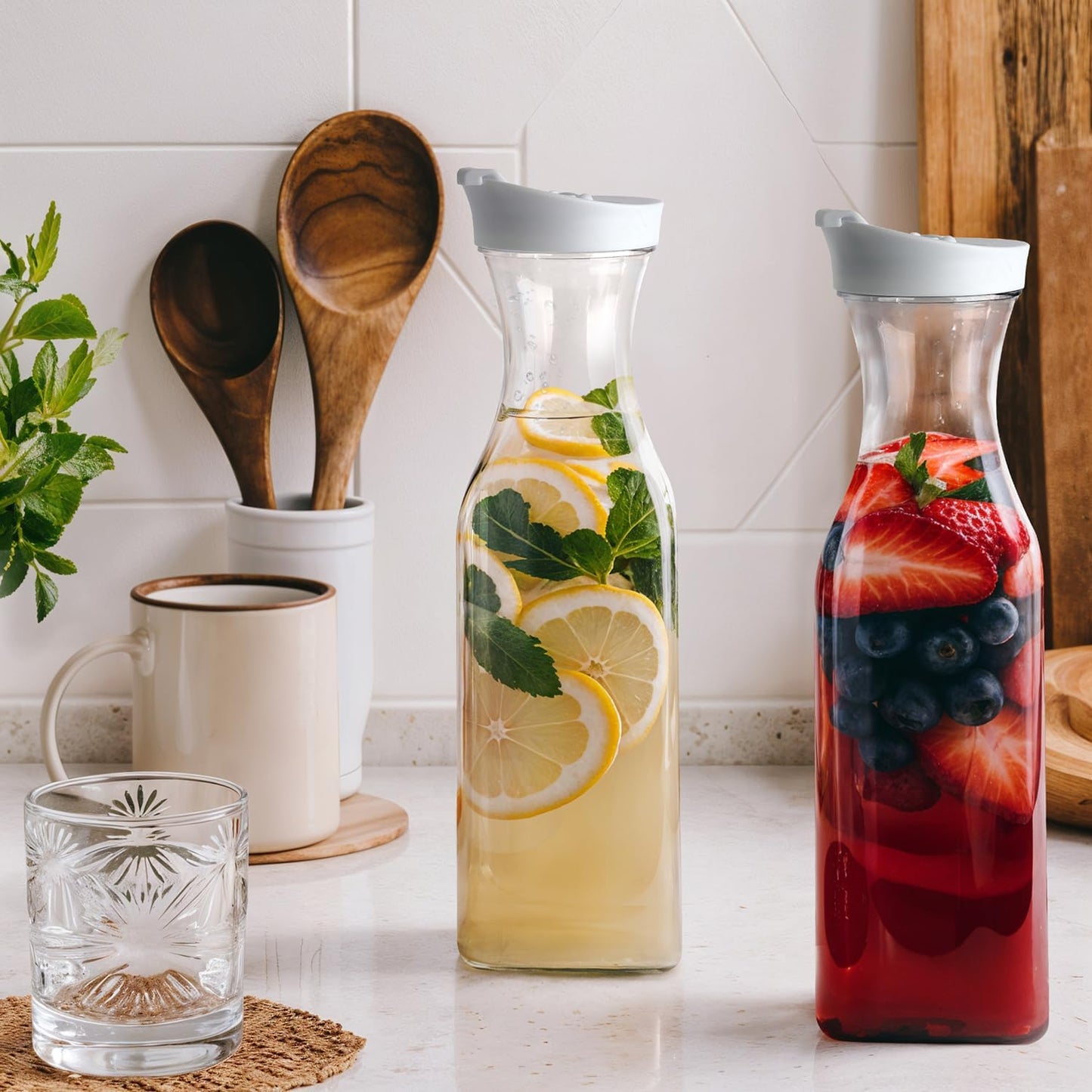 GUSTO [50 oz - 8 Pack] Plastic Carafe with Lid, Large Capacity Square Base - Clear Pitcher with Flip Top Lid, Easy-Pour Spout Juice Containers with Lids - Perfect for Mimosa Bar, Water, and Cold brew